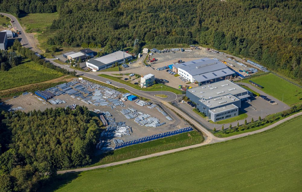 Aerial image Herscheid - Industrial and commercial area on the edge of agricultural fields and fields on street Friedliner Strasse in Herscheid in the state North Rhine-Westphalia, Germany