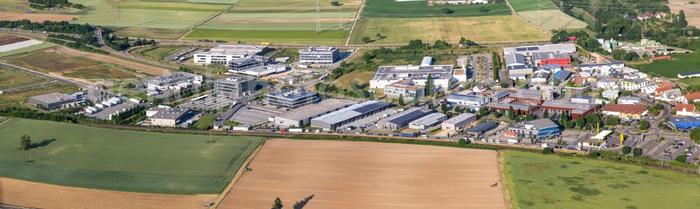 Rülzheim from above - Industrial and commercial area on the edge of agricultural fields and fields on street Carl-Benz-Strasse in Ruelzheim in the state Rhineland-Palatinate, Germany