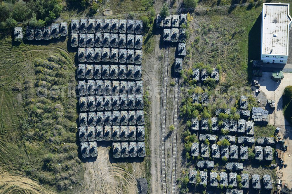 Aerial photograph Rockensußra - Logistics yard of the scrap - recycling sorting plant for tank scrapping on street Industriegebiet in Rockensussra in the state Thuringia, Germany