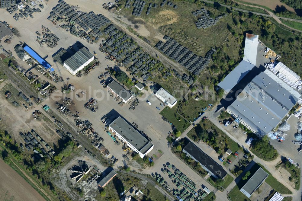 Aerial image Rockensußra - Logistics yard of the scrap - recycling sorting plant for tank scrapping on street Industriegebiet in Rockensussra in the state Thuringia, Germany