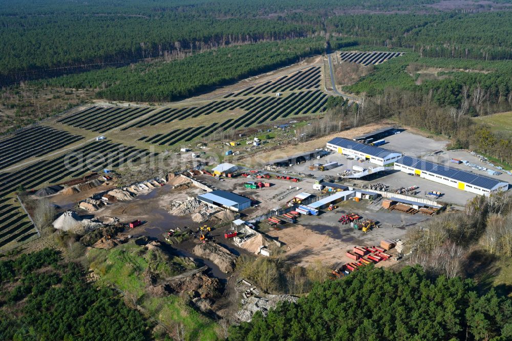 Finowfurt from above - Logistics yard of scrap - recycling sorting plant Prietz Transport GmbH Recyclinghof and photovoltaic systems on Biesenthaler Strasse in Finowfurt in Schorfheide in the state Brandenburg, Germany