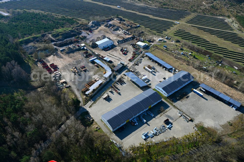 Aerial image Finowfurt - Logistics yard of scrap - recycling sorting plant Prietz Transport GmbH Recyclinghof and photovoltaic systems on Biesenthaler Strasse in Finowfurt in Schorfheide in the state Brandenburg, Germany
