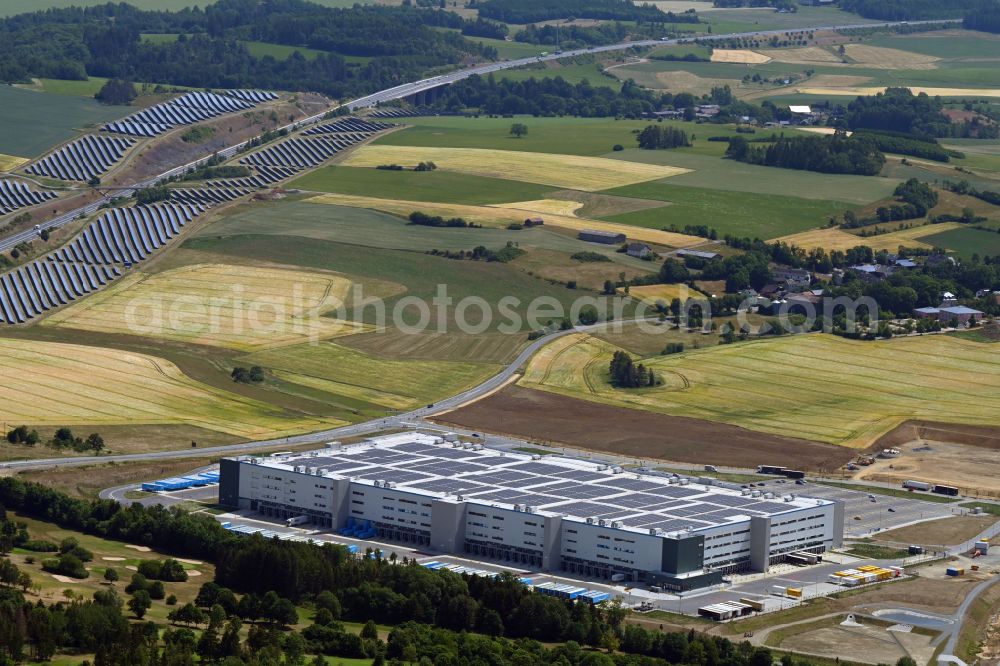 Hof from the bird's eye view: New building complex on the site of the logistics center Amazon Warenlager in Gewerbepark Hochfranken in the district Gumpertsreuth in Hof in the state Bavaria, Germany