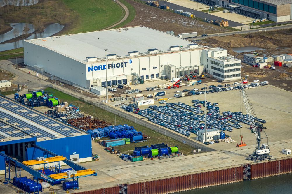 Wesel from above - Complex on the site of the logistics center NORDFROST GmbH & Co. KG in Wesel at Ruhrgebiet in the state North Rhine-Westphalia, Germany