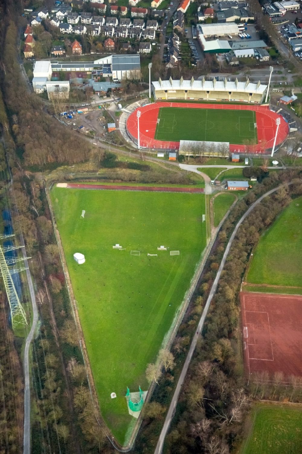 Bochum from above - Olympic base with sports halls and boarding school at Lohrheidestadion located in Bochum Wattenscheid district in North Rhine-Westphalia