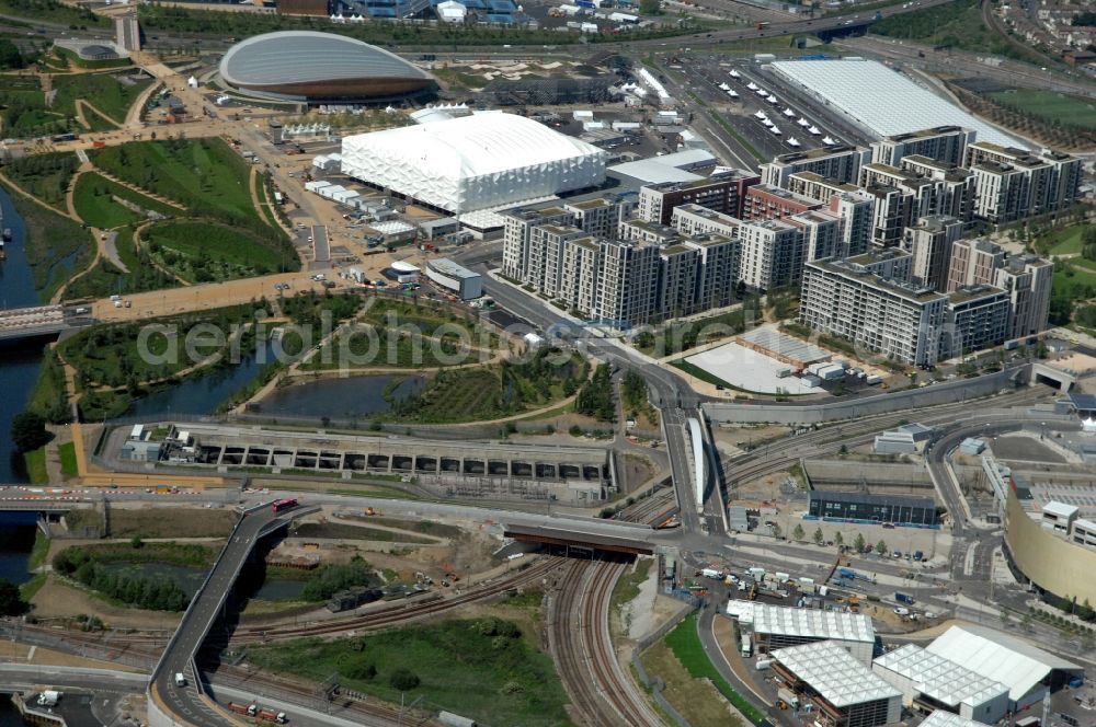 London from above - View over the Olympic Park with the Olympic village, the Basketball Arena and the London Velodrome, venues of the Olympic and Paralympic Games 2012 in Great Britain