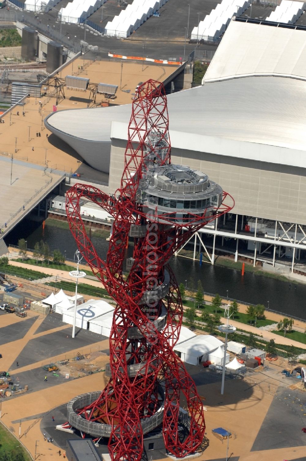 Aerial image London - The ArcelorMittal Orbit is a 115-metre-high ( 377 ft ) observation tower in the Olympic Park in Stratford, London and is intended to be a permanent, lasting legacy of the Olympic and Paralympic Games 2012 in Great Britain