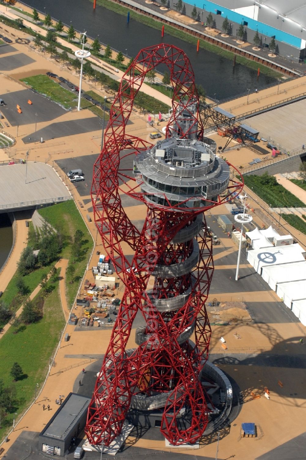 Aerial photograph London - The ArcelorMittal Orbit is a 115-metre-high ( 377 ft ) observation tower in the Olympic Park in Stratford, London and is intended to be a permanent, lasting legacy of the Olympic and Paralympic Games 2012 in Great Britain