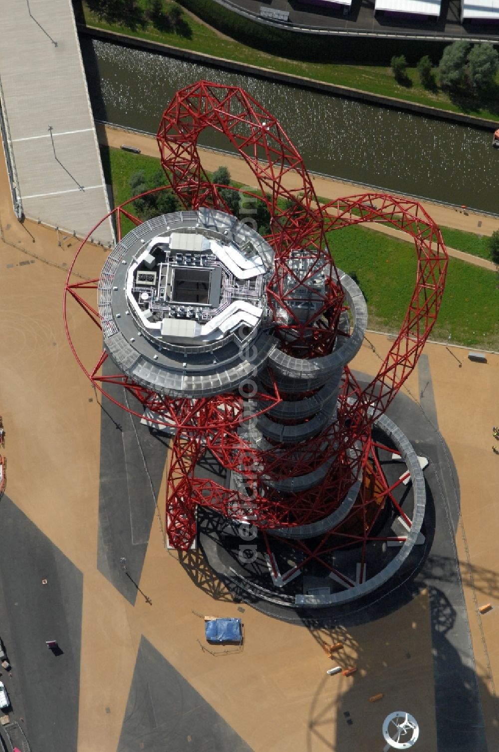London from the bird's eye view: The ArcelorMittal Orbit is a 115-metre-high ( 377 ft ) observation tower in the Olympic Park in Stratford, London and is intended to be a permanent, lasting legacy of the Olympic and Paralympic Games 2012 in Great Britain