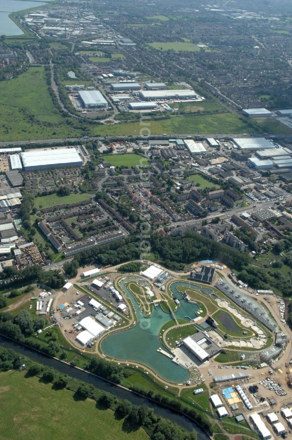 Aerial photograph Waltham Cross - The canoe slalom park Lee Valley White Water Centre is an Out-of-London venue and located near by Waltham Cross in Hertfordshire and one of the Olympic and Paralympic venues for the 2012 Games in Great Britain