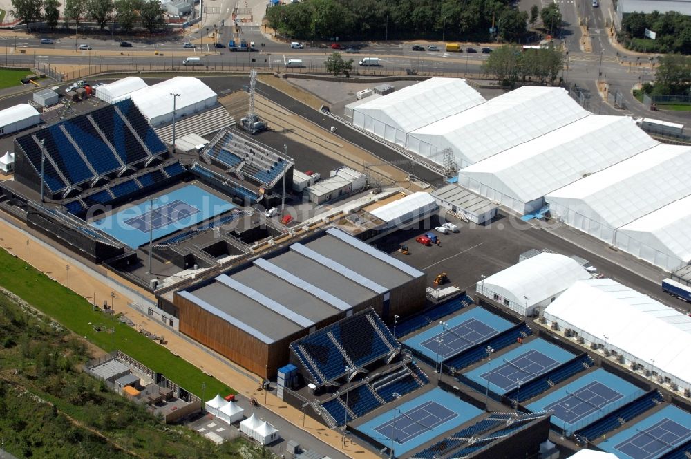 London from the bird's eye view: Sports and Leisure Centre Eton Maonr in the district Leyton a training centre for water sportsman of the Olympic Games and venue of the wheelchair tennis tournaments of Paralympic Games 2012 in Great Britain
