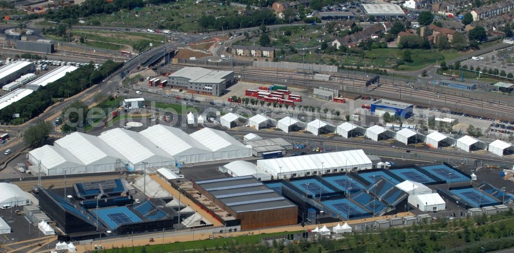 Aerial image London - Sports and Leisure Centre Eton Maonr in the district Leyton a training centre for water sportsman of the Olympic Games and venue of the wheelchair tennis tournaments of Paralympic Games 2012 in Great Britain