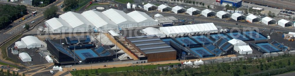 Aerial photograph London - Sports and Leisure Centre Eton Maonr in the district Leyton a training centre for water sportsman of the Olympic Games and venue of the wheelchair tennis tournaments of Paralympic Games 2012 in Great Britain