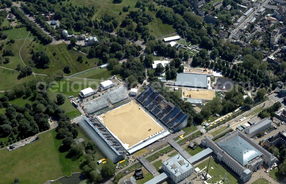 Aerial image London - Equestrian Arena in Greenwich Park is a venue for the equestrian competitions of the Olympic and Paralympic Games 2012 in Great Britaina nd the Queen’s House and the National Maritime Museum