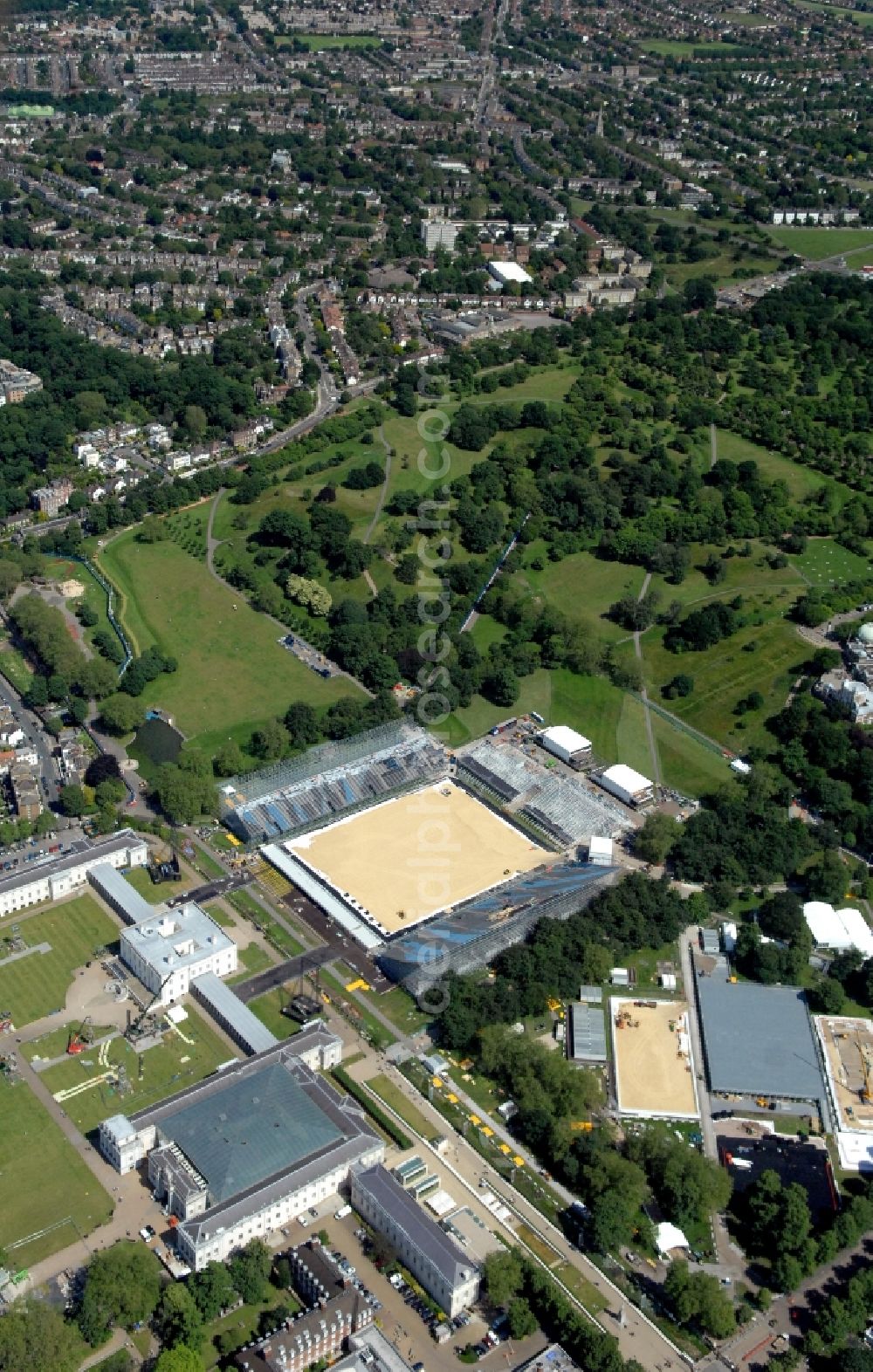 Aerial photograph London - Equestrian Arena in Greenwich Park is a venue for the equestrian competitions of the Olympic and Paralympic Games 2012 in Great Britaina nd the Queen’s House and the National Maritime Museum