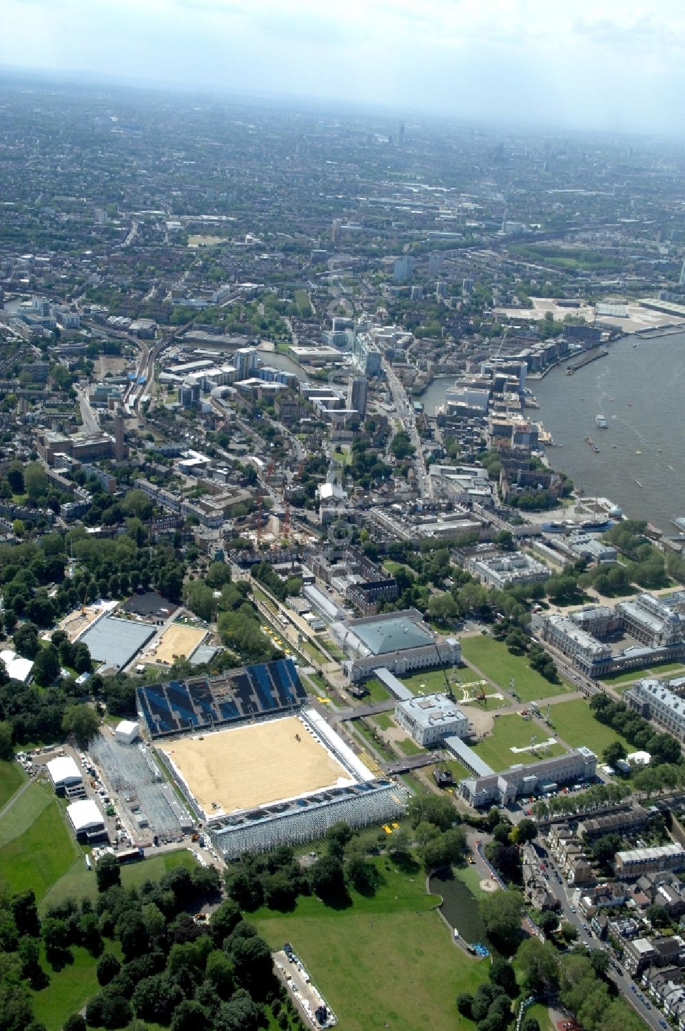 Aerial photograph London - Equestrian Arena in Greenwich Park is a venue for the equestrian competitions of the Olympic and Paralympic Games 2012 in Great Britaina nd the Queen’s House and the National Maritime Museum