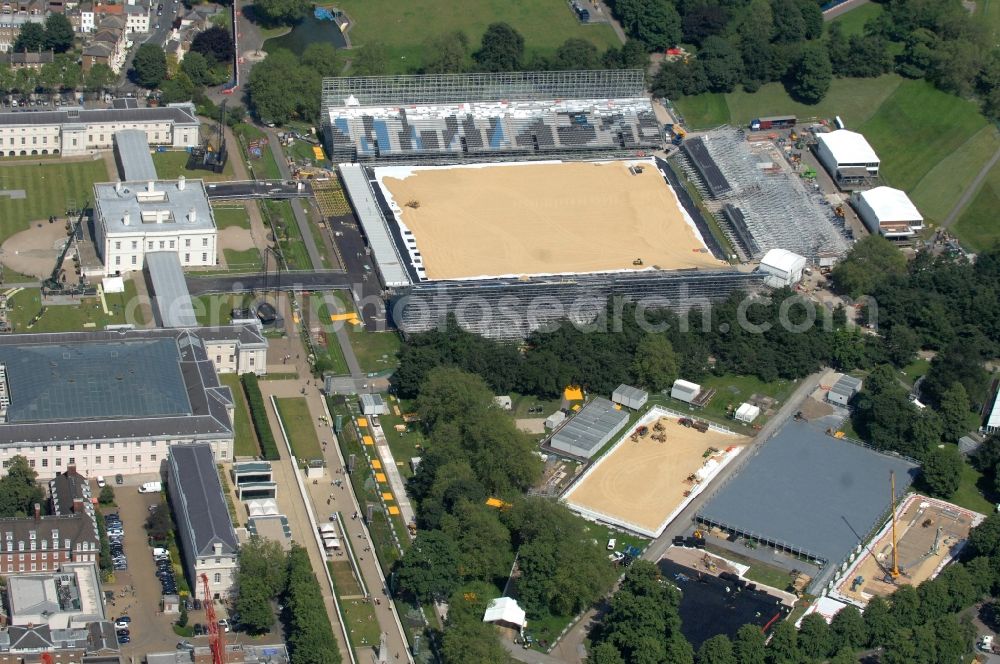 London from above - Equestrian Arena in Greenwich Park is a venue for the equestrian competitions of the Olympic and Paralympic Games 2012 in Great Britaina nd the Queen’s House, the National Maritime Museum and the Old Royal Naval College university at the Thames riverside