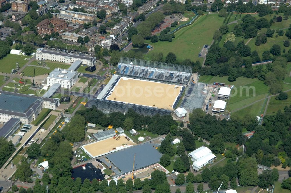 Aerial photograph London - Equestrian Arena in Greenwich Park is a venue for the equestrian competitions of the Olympic and Paralympic Games 2012 in Great Britaina nd the Queen’s House, the National Maritime Museum and the Old Royal Naval College university at the Thames riverside