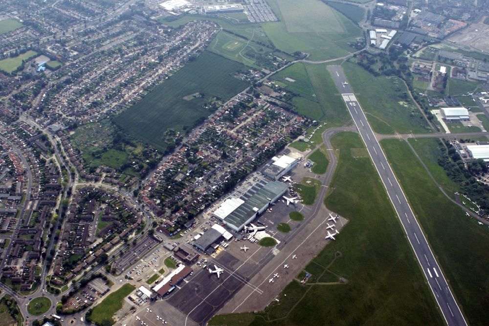Aerial image Southend on Sea - London Southend Airport (IATA: SEN, ICAO: EGMC) is a British commercial airport in Southend-on-Sea, about 60km east of London. London Southend Airport emerged from the military airfield Rochford and today offers maintenance and repair services of aircraft, pilot training, corporate and leisure flights as well as on Saturdays in the summer of scheduled flights to Jersey. In April 2012, the budget airline easyJet has opened a new base here