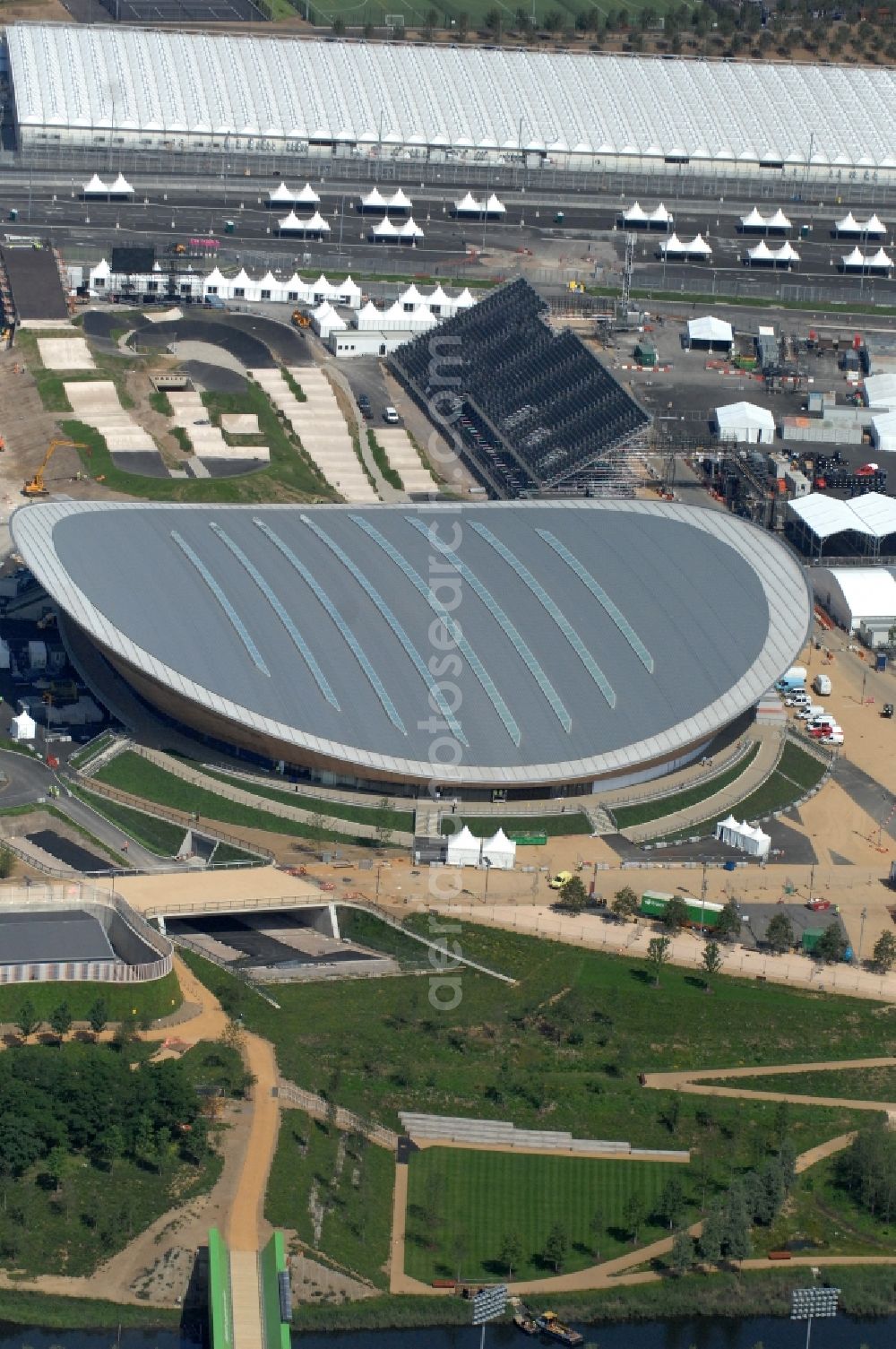 London from the bird's eye view: The London Velopark is a cycling centre in Leyton in east London. It is one of the permanent Olympic and Paralympic venues for the 2012 Games. The Velopark is at the northern end of Olympic Park. It has a velodrome and BMX racing track, which will be used for the Games in Great Britain