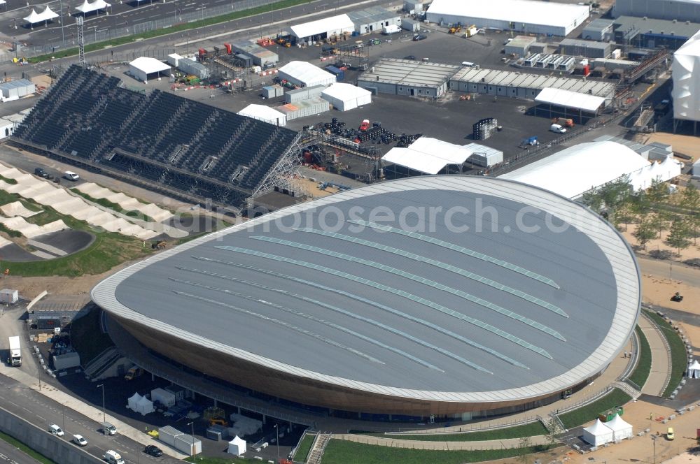 Aerial image London - The London Velopark is a cycling centre in Leyton in east London. It is one of the permanent Olympic and Paralympic venues for the 2012 Games. The Velopark is at the northern end of Olympic Park. It has a velodrome and BMX racing track, which will be used for the Games in Great Britain