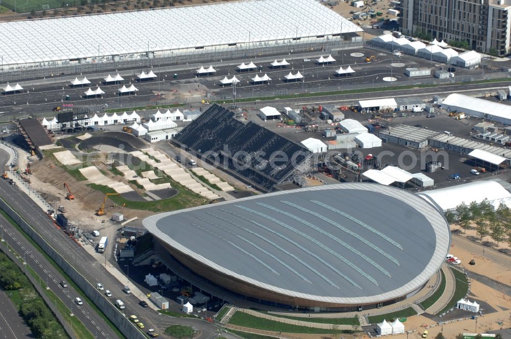 Aerial photograph London - The London Velopark is a cycling centre in Leyton in east London. It is one of the permanent Olympic and Paralympic venues for the 2012 Games. The Velopark is at the northern end of Olympic Park. It has a velodrome and BMX racing track, which will be used for the Games in Great Britain