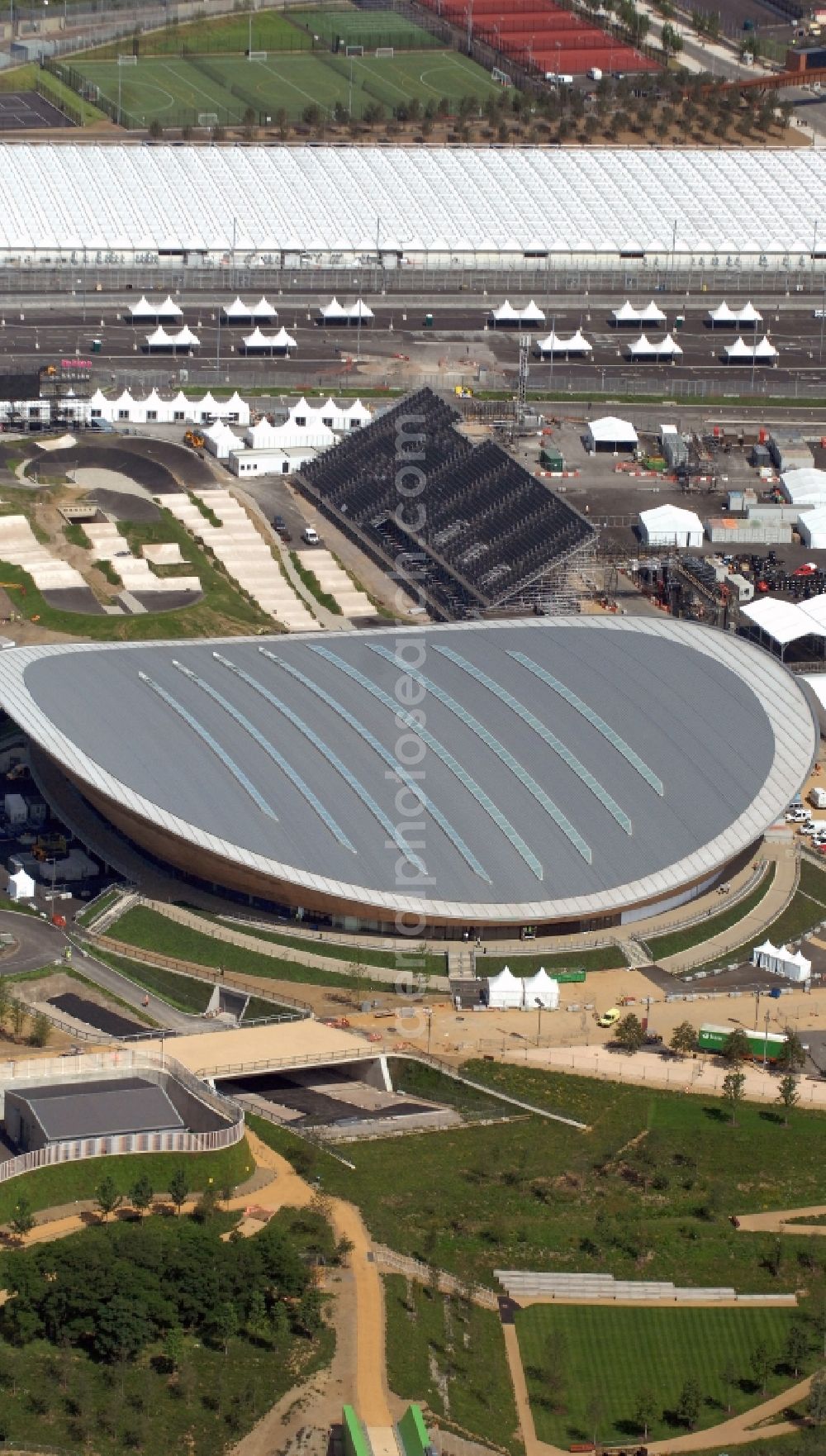 London from the bird's eye view: The London Velopark is a cycling centre in Leyton in east London. It is one of the permanent Olympic and Paralympic venues for the 2012 Games. The Velopark is at the northern end of Olympic Park. It has a velodrome and BMX racing track, which will be used for the Games in Great Britain