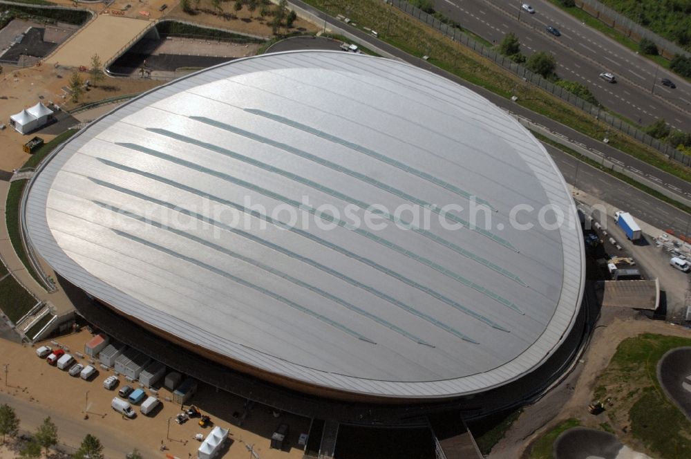 Aerial photograph London - The London Velopark is a cycling centre in Leyton in east London. It is one of the permanent Olympic and Paralympic venues for the 2012 Games. The Velopark is at the northern end of Olympic Park. It has a velodrome and BMX racing track, which will be used for the Games in Great Britain