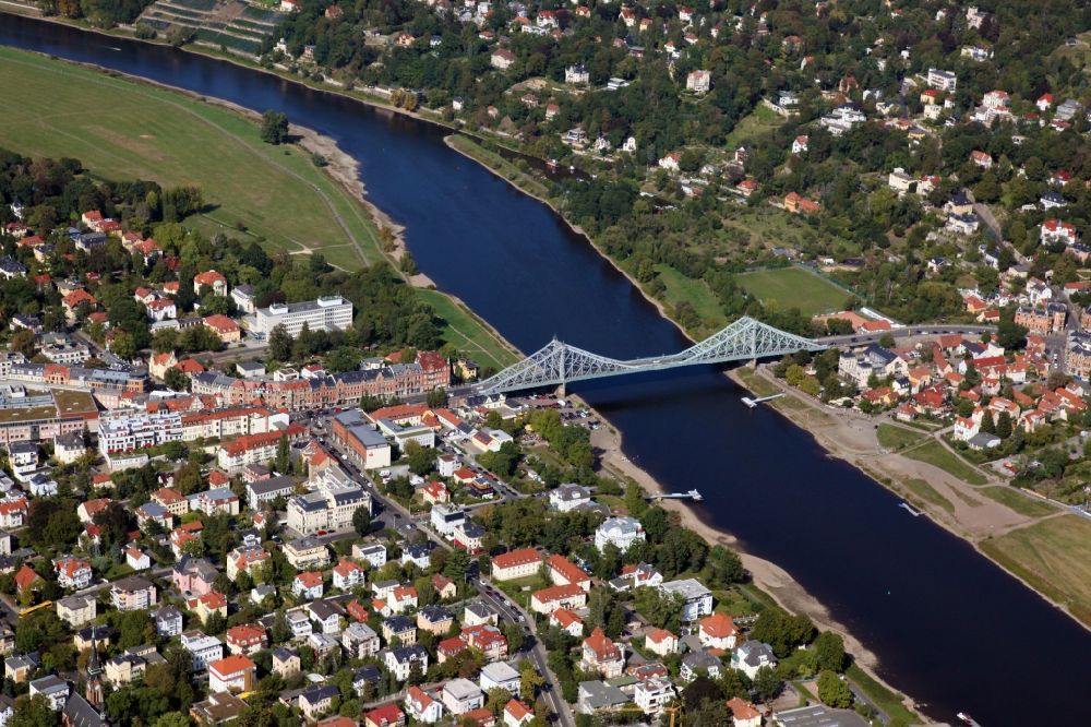 Dresden from above - The Loschwitzer bridge called Blue Miracle over the river Elbe in Dresden in the state Saxony. The bridge connects the districts Blasewitz and Loschwitz and is a well known landmark in Dresden