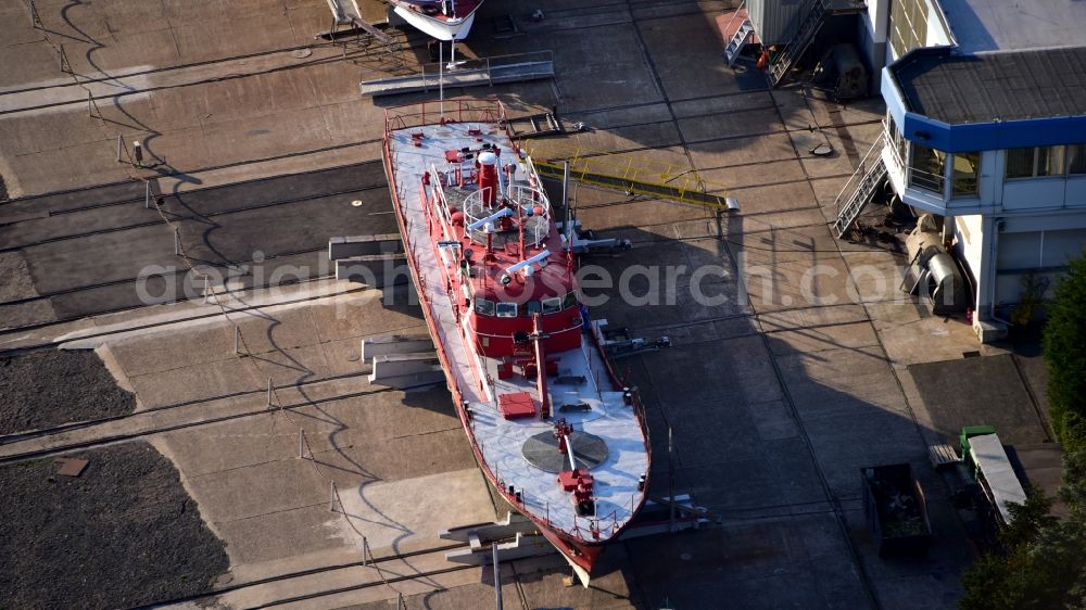 Aerial photograph Niederkassel - Fire brigade's fire ship in the state North Rhine-Westphalia, Germany
