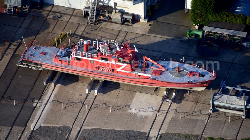Niederkassel from above - Fire brigade's fire ship in the state North Rhine-Westphalia, Germany