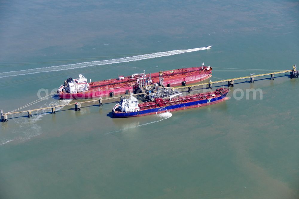 Wilhelmshaven from above - Oil tanker at the pier in Wilhelmshaven in the state of Lower Saxony, Germany