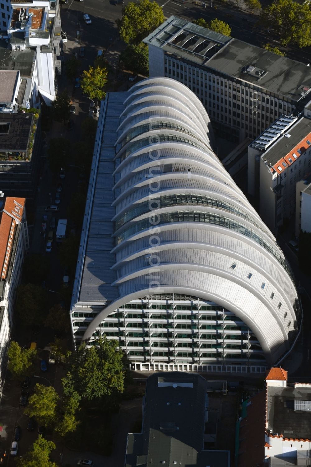 Aerial photograph Berlin - The Ludwig-Erhard-Haus (commonly known as Armadillo), the seat of the Berlin Stock Exchange and the Chamber of Commerce's (ICC). The building was constructed by Nicholas Grimshaw and Partners. It is located Fasanenstrasse in Berlin's Charlottenburg