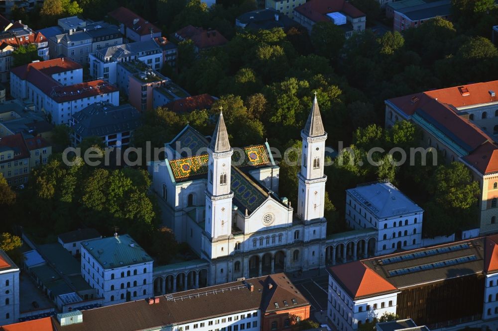 München from above - Church building in St. Ludwig on Ludwigstrasse Old Town- center of downtown in the district Maxvorstadt in Munich in the state Bavaria, Germany