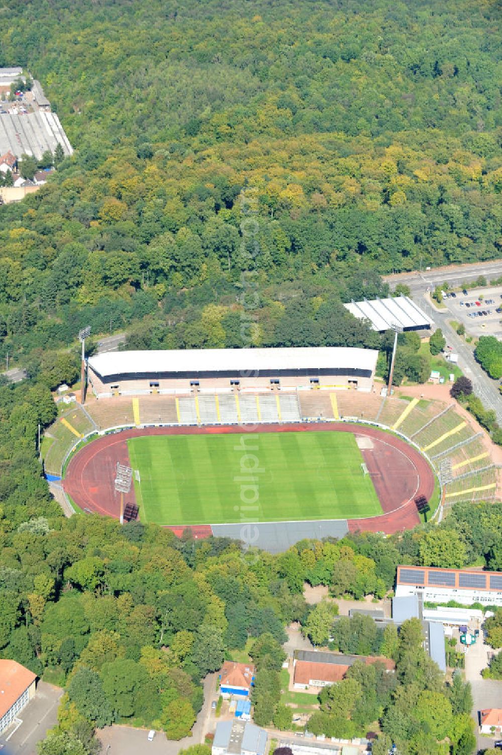Saarbrücken from above - Blick auf das Ludwigspark-Stadion in Saarbrücken, es ist die Heimstätte des 1. FC Saarbrücken und der Saarland Hurricanes genutzt wird. The Louis Park Stadium in Saarbrücken.