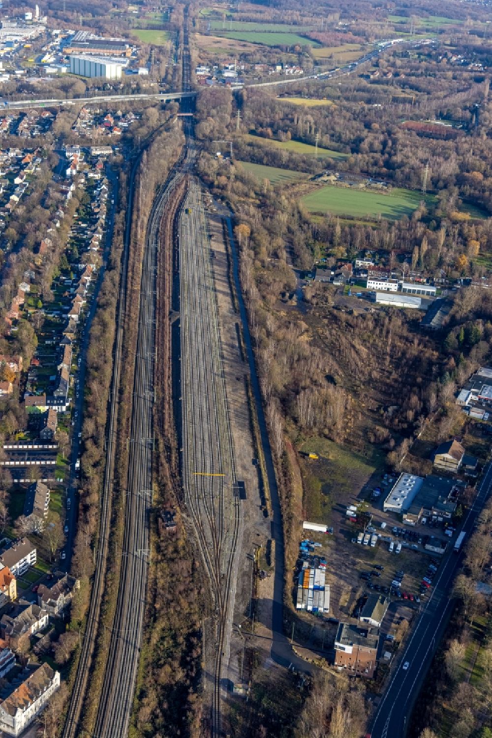 Herne from the bird's eye view: Aerial view of a railroad facility at Josefinenstrasse in the district of Boernig in Herne in the Ruhr area in the German state of North Rhine-Westphalia, Germany