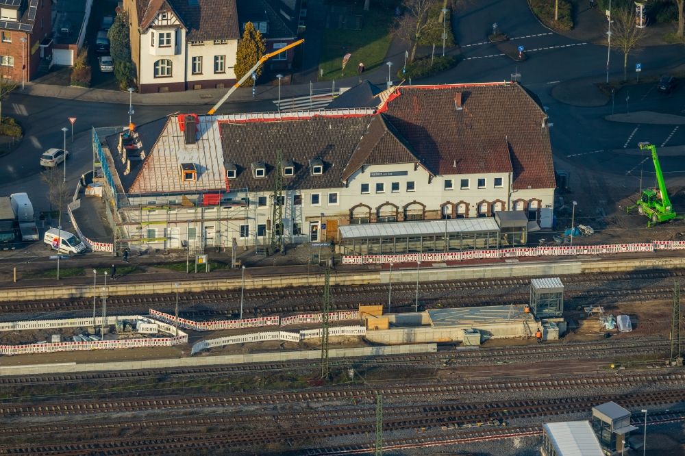 Aerial photograph Haltern am See - Aerial view of construction work for the renovation of the track, park and ride car park and station building in Haltern am See in the federal state of North Rhine-Westphalia, Germany