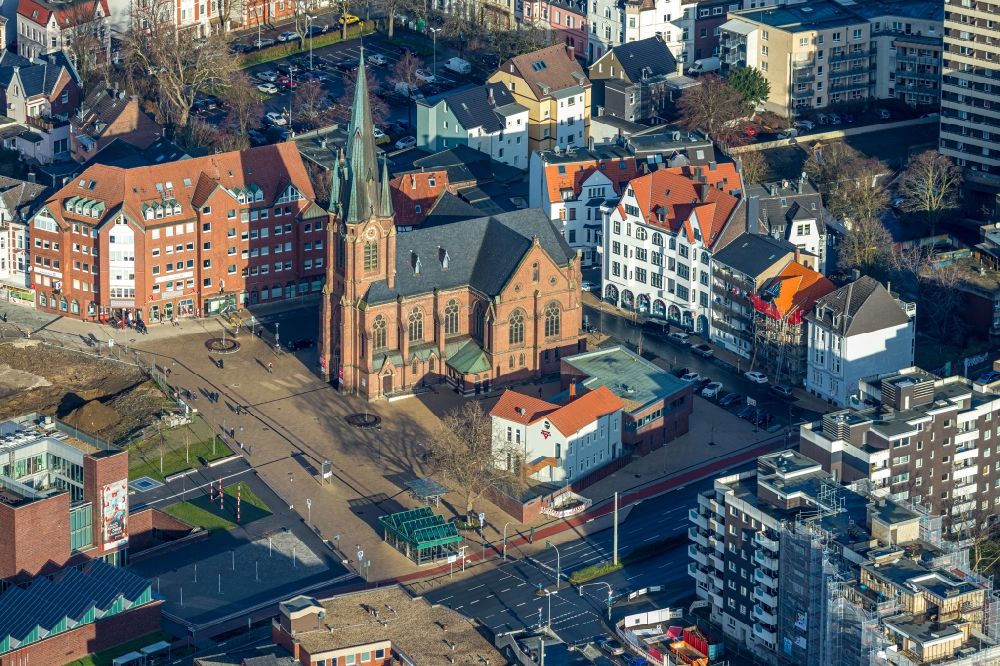 Herne from above - Aerial view of the church building of the Kreuzkirche on Europaplatz next to the LWL Museum of Archaeology in Herne in the federal state of North Rhine-Westphalia, Germany