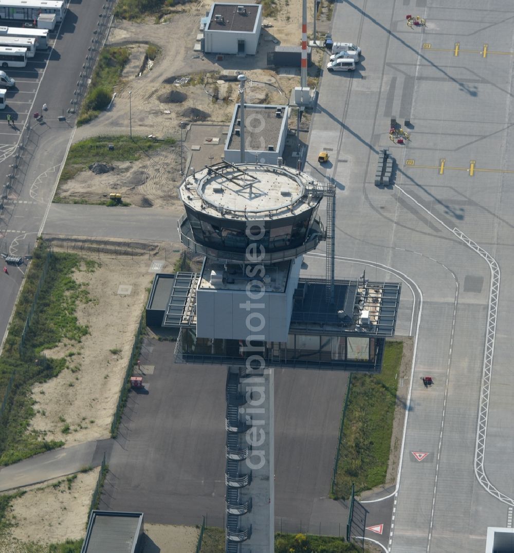Schönefeld from the bird's eye view: Tower of DFS German Air Traffic Control GmbH on the runways of the BER Airport in Schoenefeld in Brandenburg