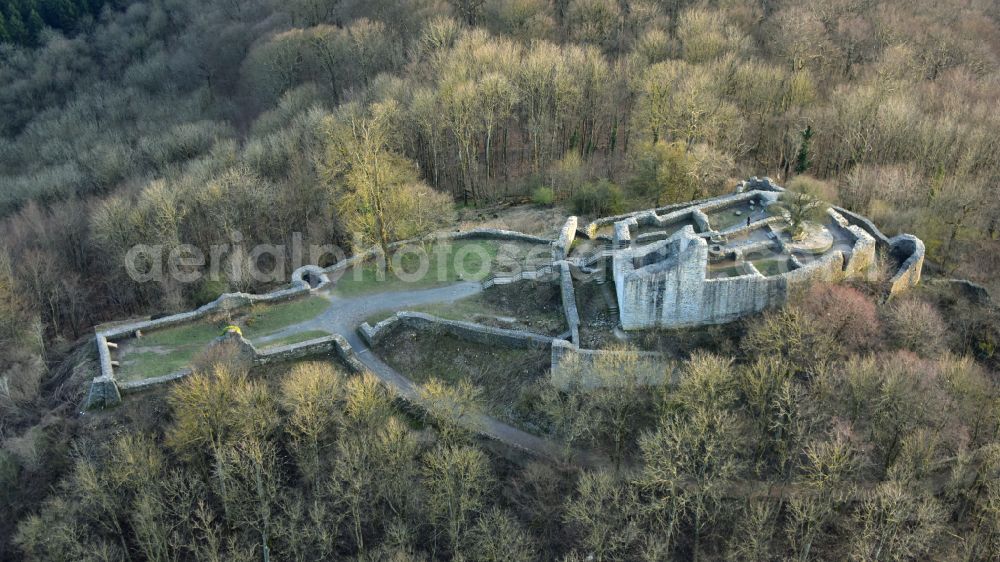 Bad Honnef from above - Ruins of the Loewenburg near Bad Honnef in the state North Rhine-Westphalia, Germany