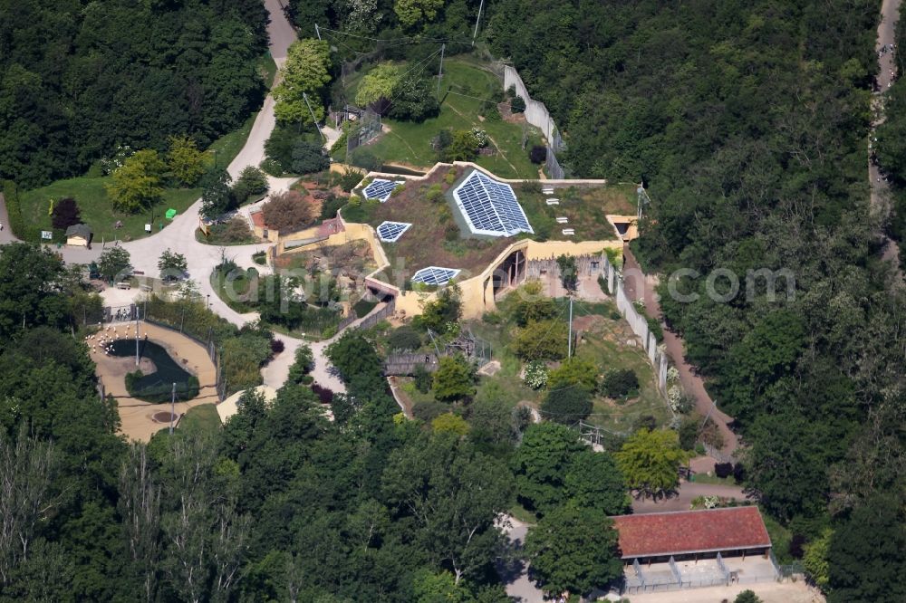 Aerial photograph Erfurt - Animal breeding accommodation lion house in Thueringer Zoopark in the district Roter Berg in Erfurt in the state Thuringia, Germany