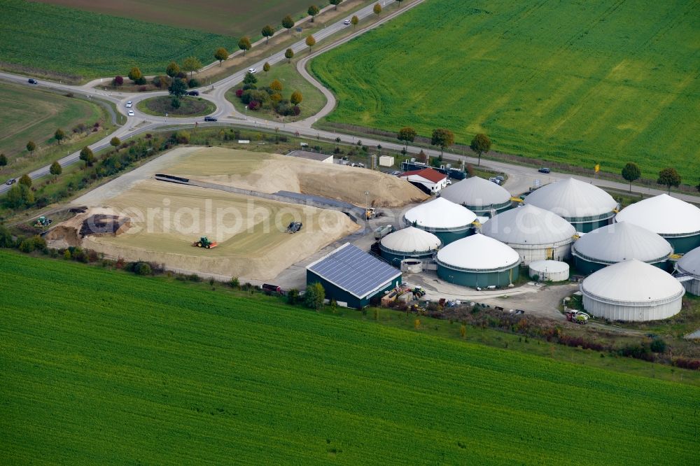 Aerial image Rosdorf - Maize crop on a grain storage and storage area of an agricultural in Rosdorf in the state Lower Saxony, Germany