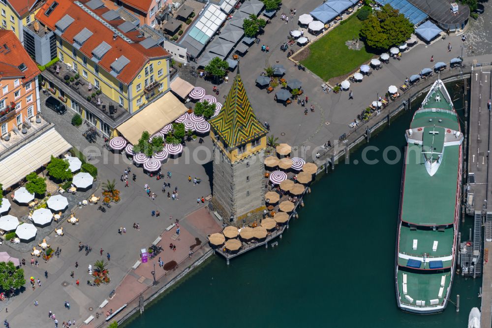 Aerial image Lindau (Bodensee) - Tourist attraction and sightseeing Mangturm in Lindau (Bodensee) at Bodensee in the state Bavaria, Germany