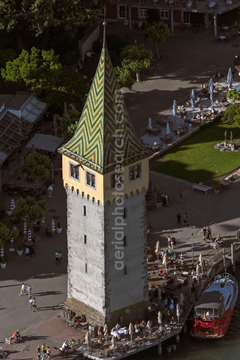Lindau (Bodensee) from above - Tourist attraction and sightseeing Mangturm in Lindau (Bodensee) at Bodensee in the state Bavaria, Germany