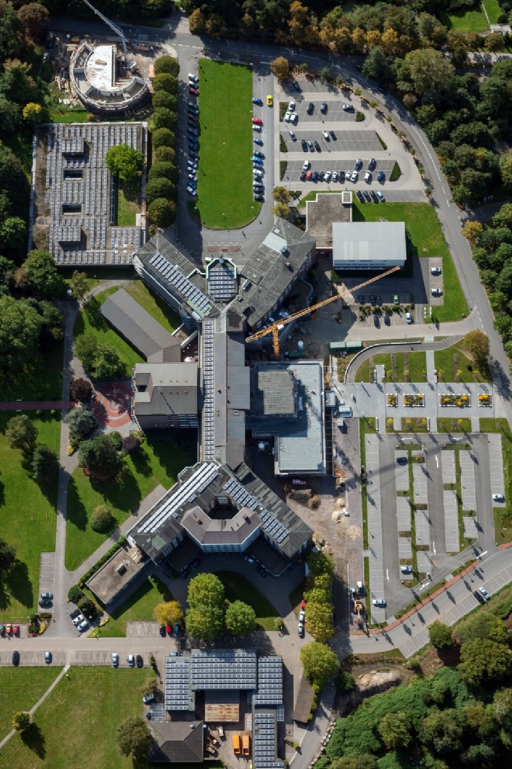 Aerial image Bottrop - View of the Marienhospital witch solarpanels in Bottrop in the state North Rhine-Westphalia. The Marienhospital was founded by Pastor Carl Englert. Currently the last construction phase of a new solar installation will be completed