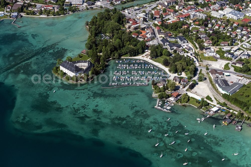 Schörfling am Attersee from above - Marina - harbour area on the shore of Attersee in Schoerfling am Attersee in Oberoesterreich, Austria