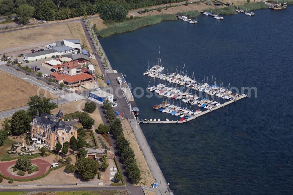 Aerial photograph Bitterfeld - Marina - harbour area on the shore of Bernsteinsee - Goitzschesee in Bitterfeld-Wolfen in the state Saxony-Anhalt, Germany