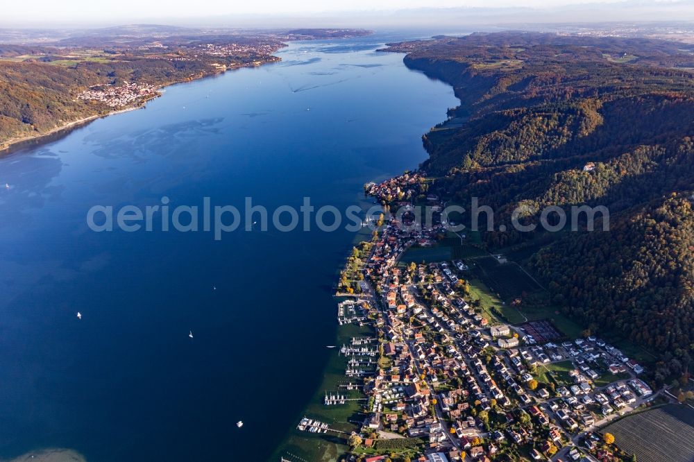 Aerial photograph Bodman - Marina - harbour area on the shore of Lake Constance in Bodman in the state Baden-Wurttemberg, Germany