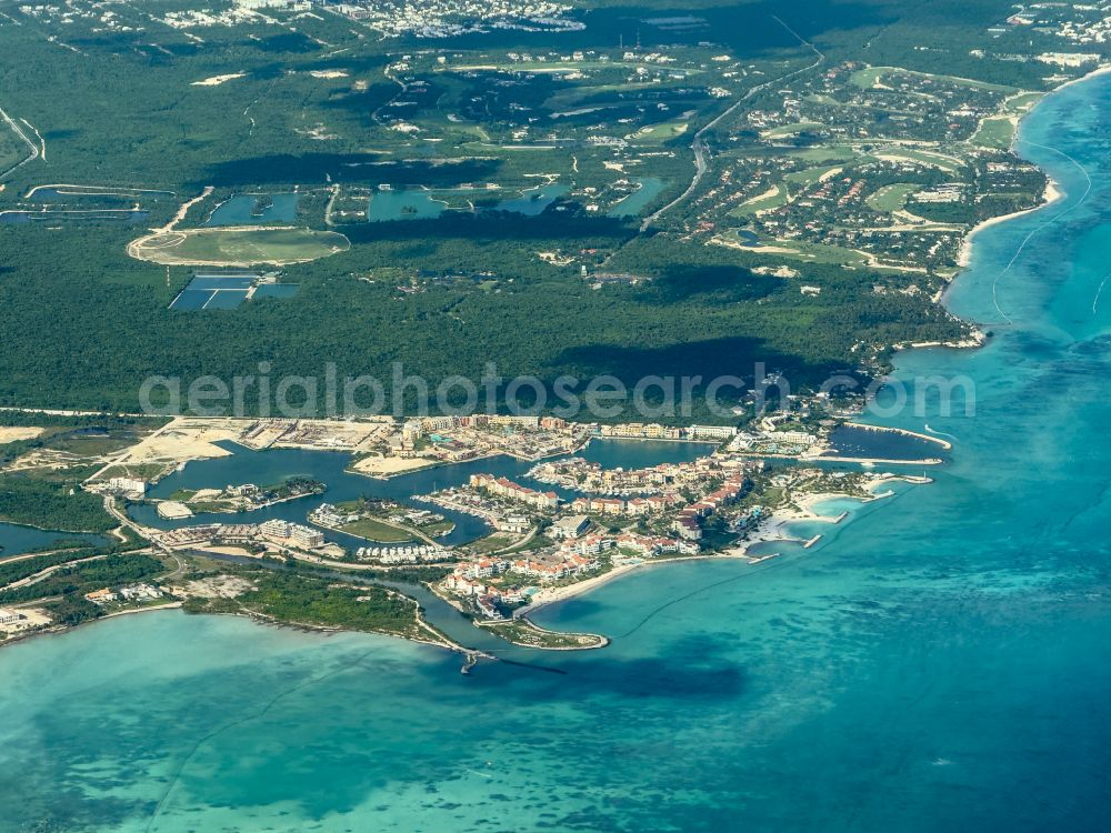 Aerial image Punta Cana - Marina - harbour area on the shore of Cap Cana Marina on street Via sin nombre in Punta Cana in La Altagracia, Dominican Republic