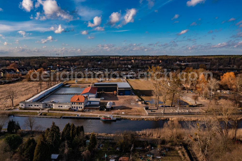 Eberswalde from above - Marina - harbour area on the shore of Finow canal in Eberswalde in the state Brandenburg, Germany
